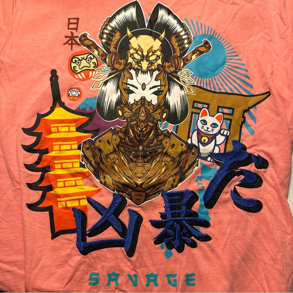 NWT Black Pike Japanese Geisha Cat Graphic T‎ Shirt Pink Size S Small Savage